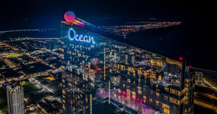 Aerial night view of Ocean Casino Resort tower in Atlantic City