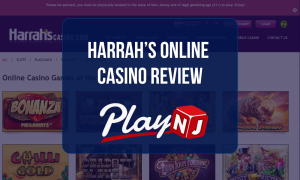 Harrah's Casino Review: Online casino homepage featuring slot games, casino promotions, and PlayNJ logo