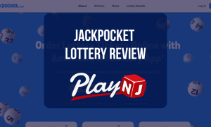 Jackpocket Lottery Review: Online lottery homepage featuring lottery ticket ordering, lottery ball graphics, and PlayNJ logo