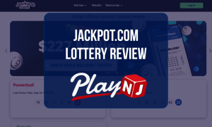 Jackpot.com Lottery Review: Online lottery homepage featuring Mega Millions ticket purchases, lottery results, and PlayNJ logo
