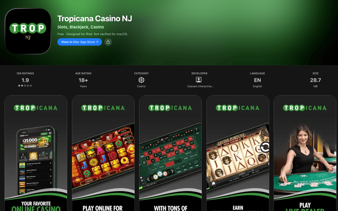 Tropicana online casino NJ app store review number and rating for app
