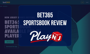 bet365 Sportsbook Review: Homepage screenshot with sportsbook information, betting opportunities, and PlayNJ review graphic
