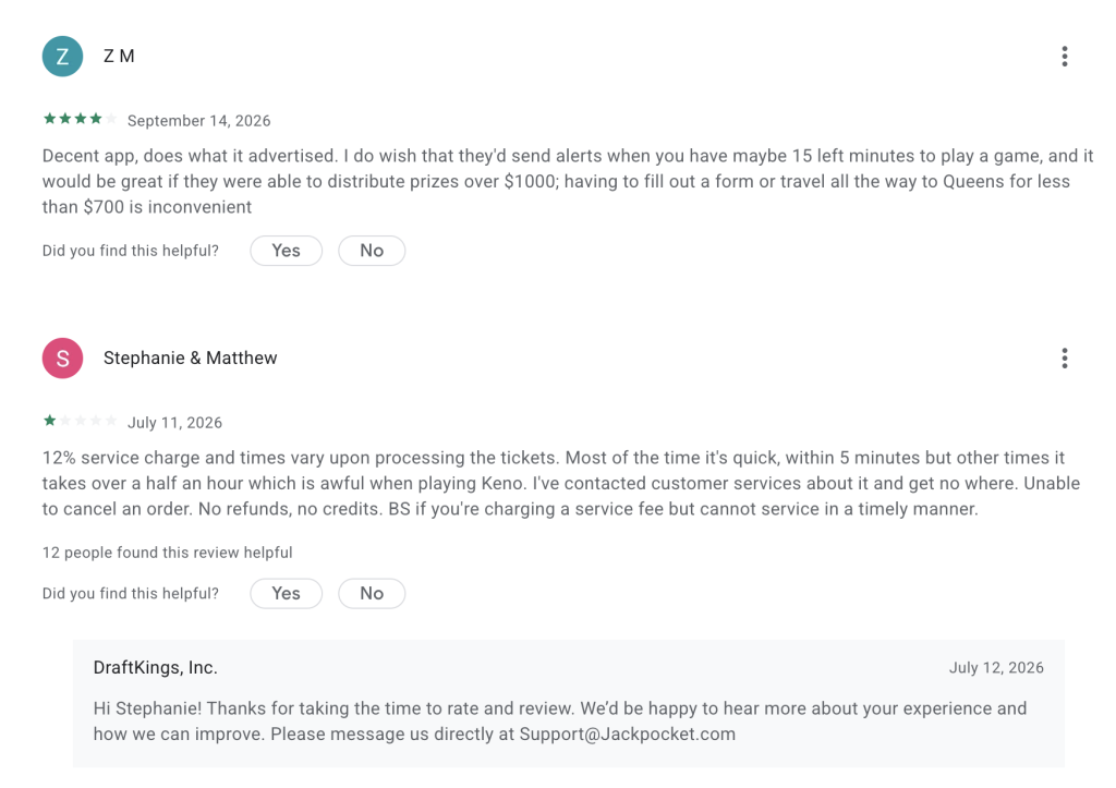 JackPocket Google Play reviews