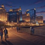 People stroll along the Atlantic City Boardwalk at dusk with illuminated casino hotels in the background.