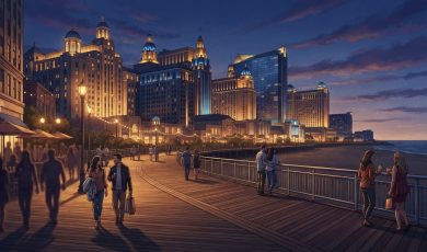 People stroll along the Atlantic City Boardwalk at dusk with illuminated casino hotels in the background.