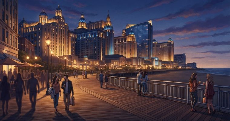 People stroll along the Atlantic City Boardwalk at dusk with illuminated casino hotels in the background.