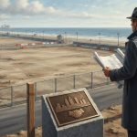 A man in a trench coat and fedora stands overlooking a large, empty fenced-in lot by the beach, holding blueprints.