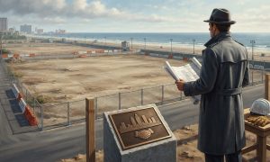 A man in a trench coat and fedora stands overlooking a large, empty fenced-in lot by the beach, holding blueprints.