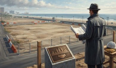 A man in a trench coat and fedora stands overlooking a large, empty fenced-in lot by the beach, holding blueprints.