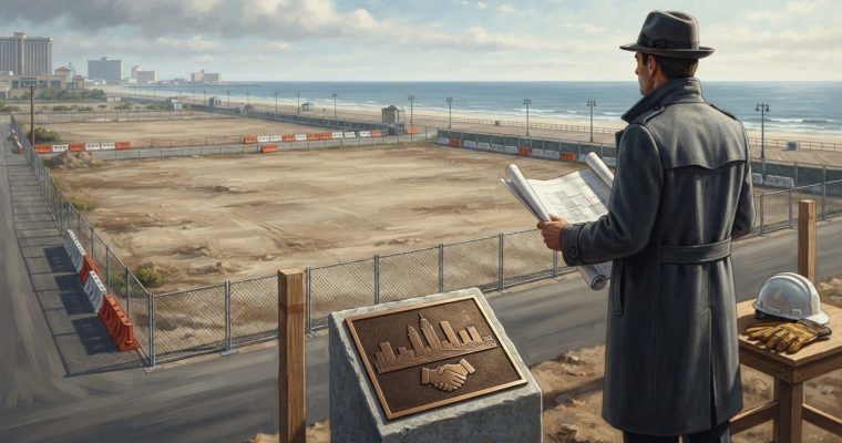 A man in a trench coat and fedora stands overlooking a large, empty fenced-in lot by the beach, holding blueprints.