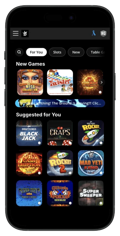 DraftKings Casino app screenshot showing new and suggested games