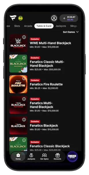 Fanatics Casino app screenshot showing table and card games