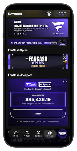 Fanatics Casino app screenshot showing FanCash rewards