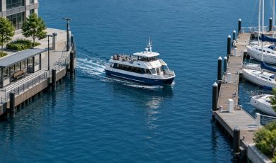A passenger ferry navigates through a narrow channel between a pedestrian walkway and a dock lined with moored sailboats.