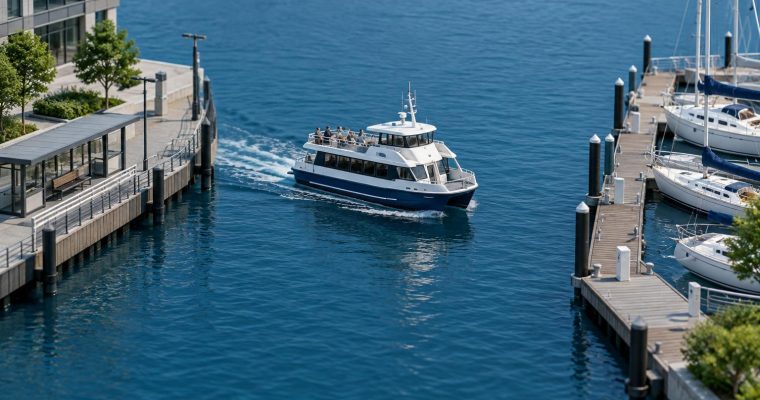 A passenger ferry navigates through a narrow channel between a pedestrian walkway and a dock lined with moored sailboats.