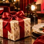 A holiday-themed table setting features a gift box with a red bow, a cocktail, and a plate of food against a stage-like background.