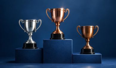 Three championship trophies, one silver and two bronze, are displayed on a blue stepped podium against a dark blue background.