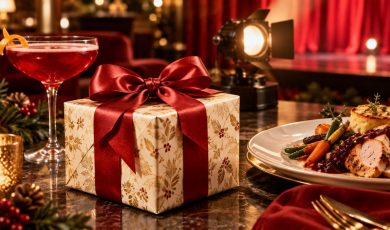 A holiday-themed table setting features a gift box with a red bow, a cocktail, and a plate of food against a stage-like background.