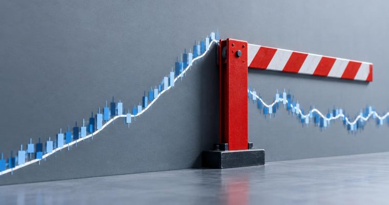 A red and white striped security gate barrier stands over a financial stock market candlestick chart painted on a wall, depicting a rising trend for prediction maret bans.