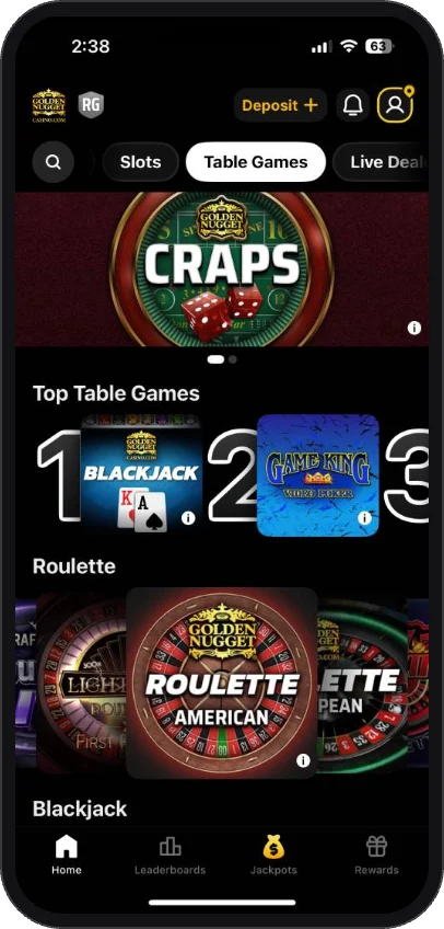 Golden Nugget Casino app screenshot showing the table games lobby