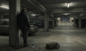 An illustrated figure in a cap and coat stands in a dimly lit parking garage near a backpack, some loose items, and parked cars.