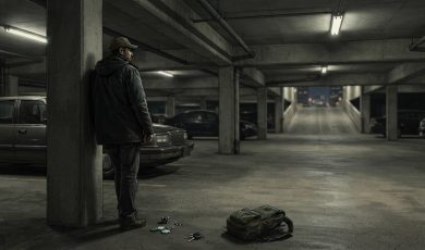 An illustrated figure in a cap and coat stands in a dimly lit parking garage near a backpack, some loose items, and parked cars.