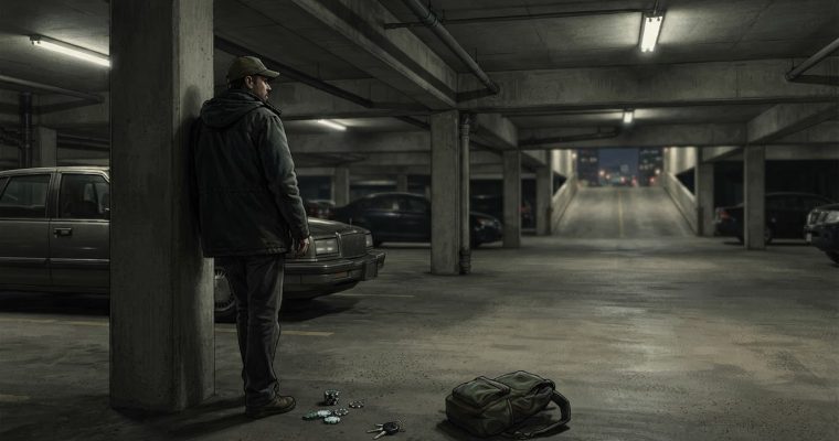 An illustrated figure in a cap and coat stands in a dimly lit parking garage near a backpack, some loose items, and parked cars.