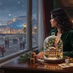 A woman sits at a table in a cozy room, looking out a window at a snowy boardwalk scene with a decorated hotel in the background.