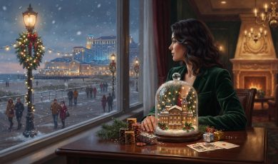 A woman sits at a table in a cozy room, looking out a window at a snowy boardwalk scene with a decorated hotel in the background.