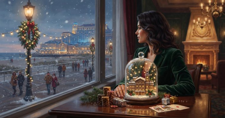 A woman sits at a table in a cozy room, looking out a window at a snowy boardwalk scene with a decorated hotel in the background.